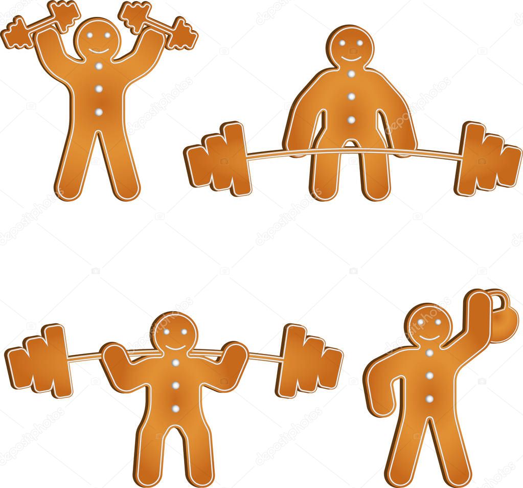 Set of four isolated gingerbread men work out at the gym