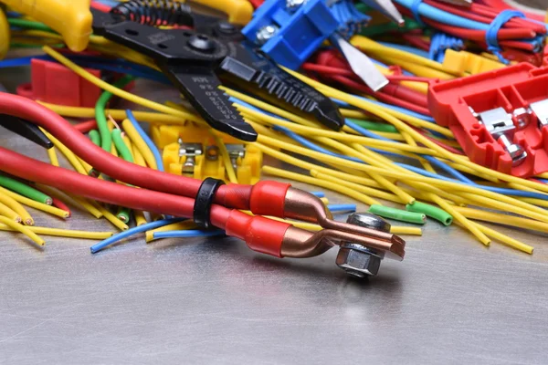 Electrical tools and cables used in electrical installations — Stock Photo, Image