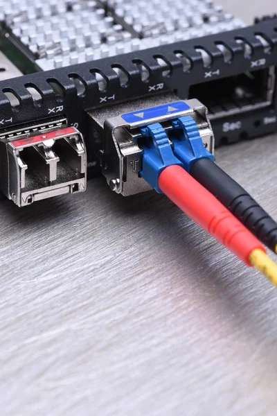 Internet Of Things Optical Fiber with Gbic Closeup — Stock Photo, Image