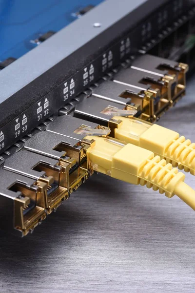 Διακόπτης δικτύου διπλά Gbic και καλώδιο Ethernet — Φωτογραφία Αρχείου