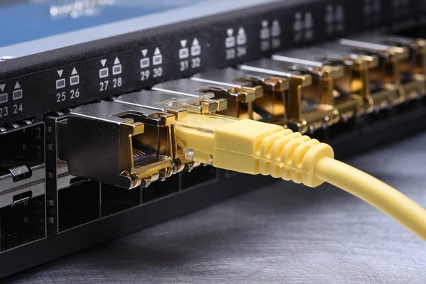 Nätverksswitch med GBIC- och Ethernet-kabel — Stockfoto