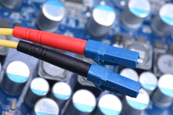 Fiber Optical Network Cables Close-up with Electronic Board — Stock Photo, Image