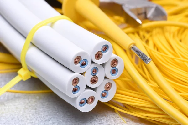 Tools and cables used in electrical home installation — Stock Photo, Image