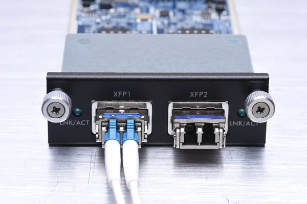 Gigabit interface converter typ XFP with optical network cables — Stock Photo, Image