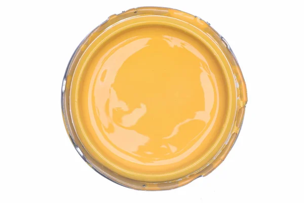 Gelber Farbdosendeckel Isoliert Auf Weißem Hintergrund Draufsicht — Stockfoto