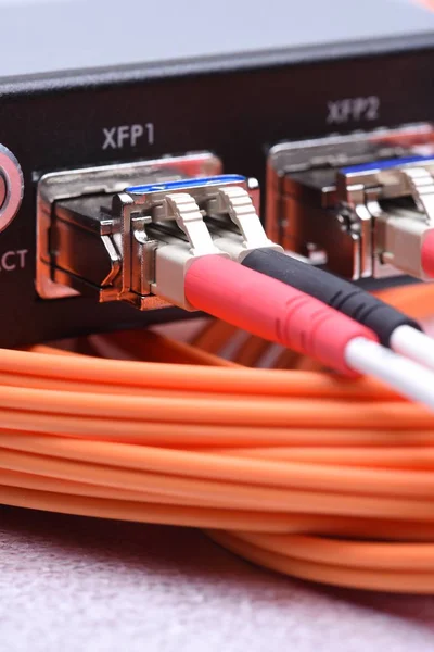 网络光纤电缆连接到千兆位接口转换器 — 图库照片