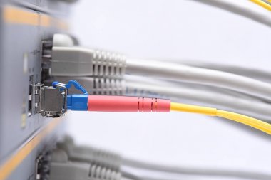 Network cables and server in datacenter, closeup clipart