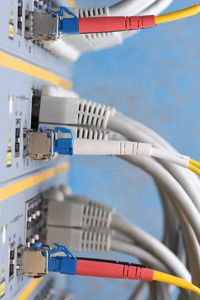 Optic Fiber Network Cables Connected Switch Data Center Internet Network — Stock Photo, Image