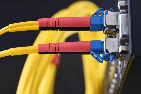 Internet network technology, fiber optic cable connected to switch in data center, close-up