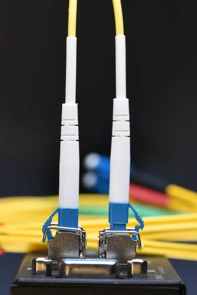 互联网网络技术 光纤光缆连接到数据中心交换机 — 图库照片