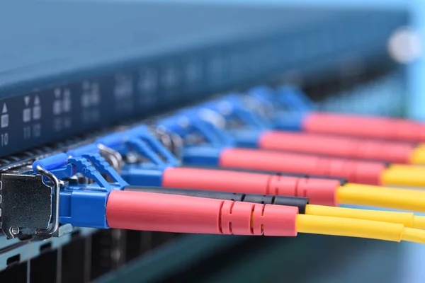 Cables Conexión Fibra Óptica Con Gbic Conectado Interruptor Tecnología Información — Foto de Stock
