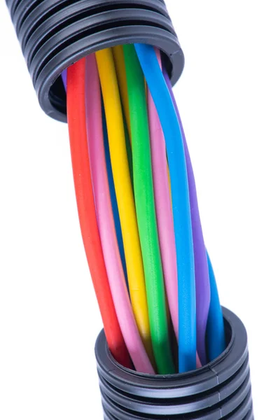 Цветные Электрические Кабели Защитной Гофрированной Трубе Изолированы Белом Фоне — стоковое фото