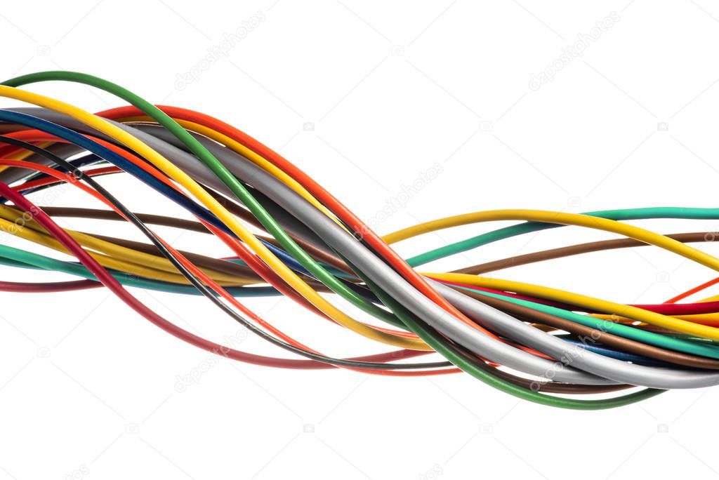 Close-up of colorful electrical cable on white background