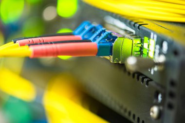 Network technology, fiber optic patch cord cable connected to switch in data center, close-up with soft blurred background