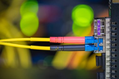 Gigabit technology, fiber optic patch cord cable connected to switch in data center, close-up with soft bokeh blurred background