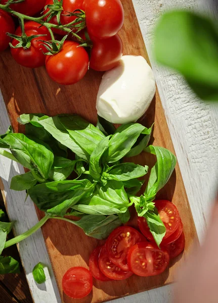 Mussarela com tomate e manjericão. — Fotografia de Stock