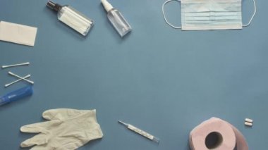 Coronavirus önleme ekipmanları covid-19. İlaçlar. Bir virüs salgını. Sağlık, sağlık. Koru kendini. Sağlıklı Yaşam Biçimi. Boşluğu Kopyala
