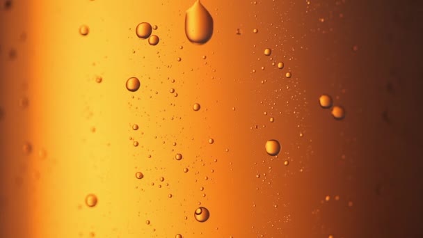 Une goutte de condensat goutte sur la bouteille de bière en verre Full HD gros plan vidéo. gouttes d'eau tombant glissant vers le bas sur fond jaune — Video