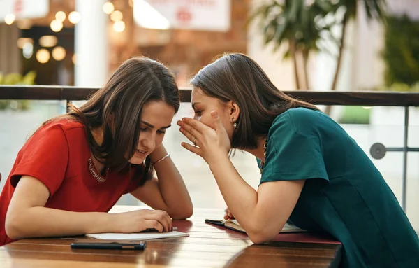 Две женщины общаются сидя за столом — стоковое фото