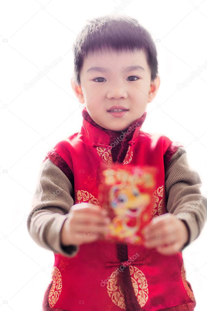 Asian Kid Holding A Red Envelope Celebrating Chinese New Year