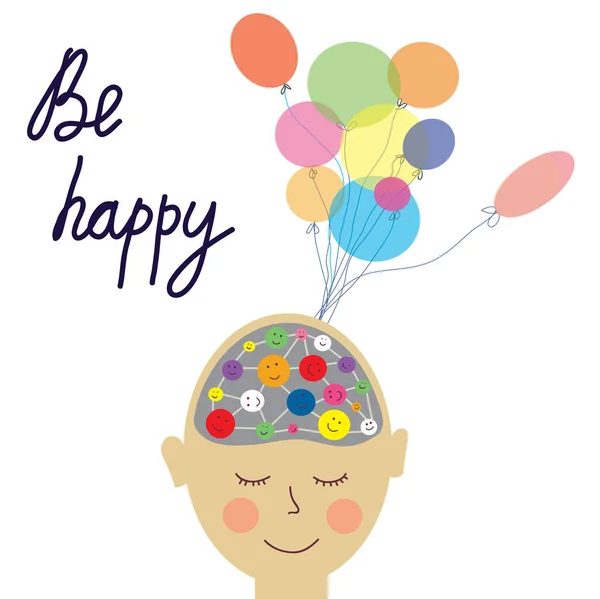 Cartão conceito de pessoa feliz com cérebro — Vetor de Stock