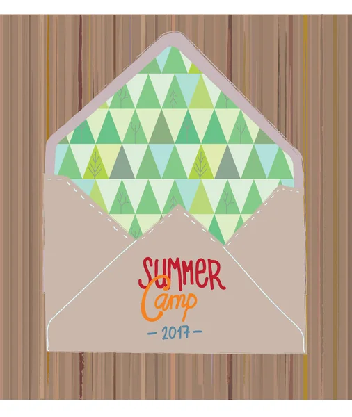 Folheto do acampamento de verão ou convite com madeiras —  Vetores de Stock