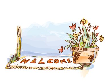 Welcome banner with door and flowers clipart