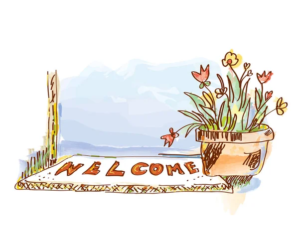 Welcome banner with door and flowers — Stock Vector