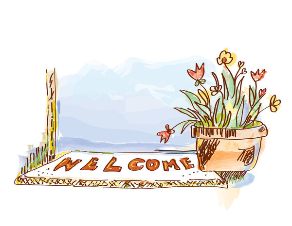 Welcome banner with door and flowers