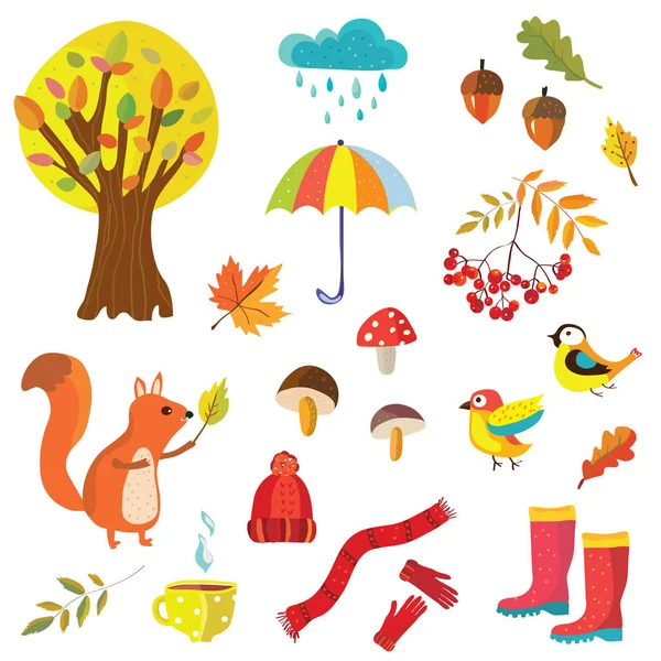 Autumn collection illustration with nature elements and animals — Stock Vector