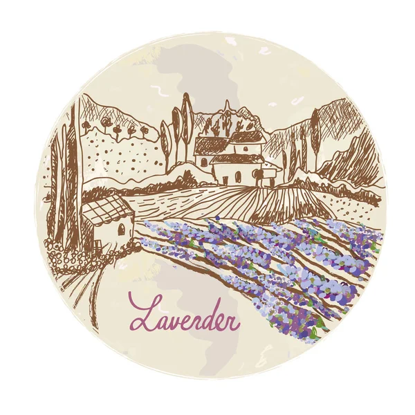 Lavendel label met skethy landschap en bloemen — Stockvector