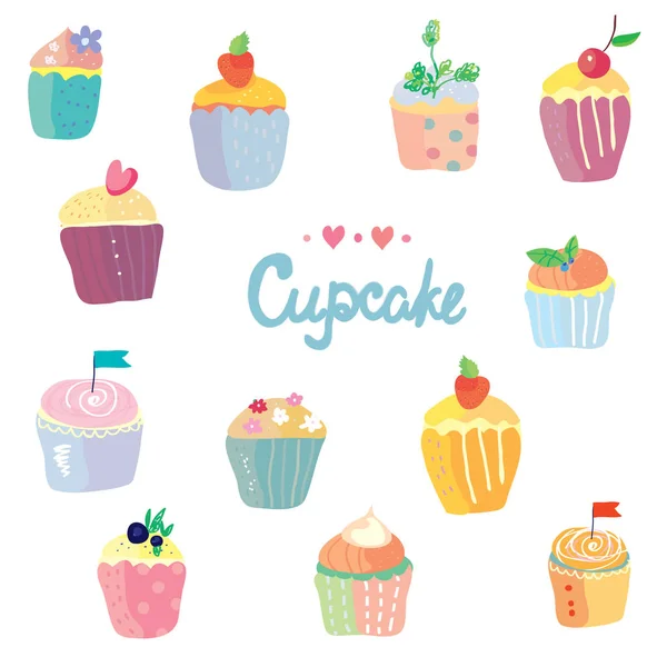 Cupcakes set in funny style — Stock Vector