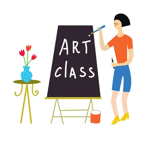 Illustration des Kunstkurses mit einem Lehrer und Werkzeugen — Stockvektor