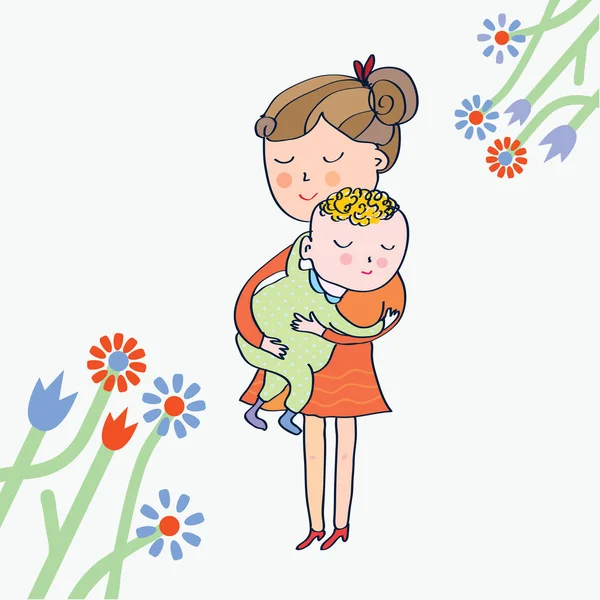 Cartão de saudação com mãe e bebê — Vetor de Stock
