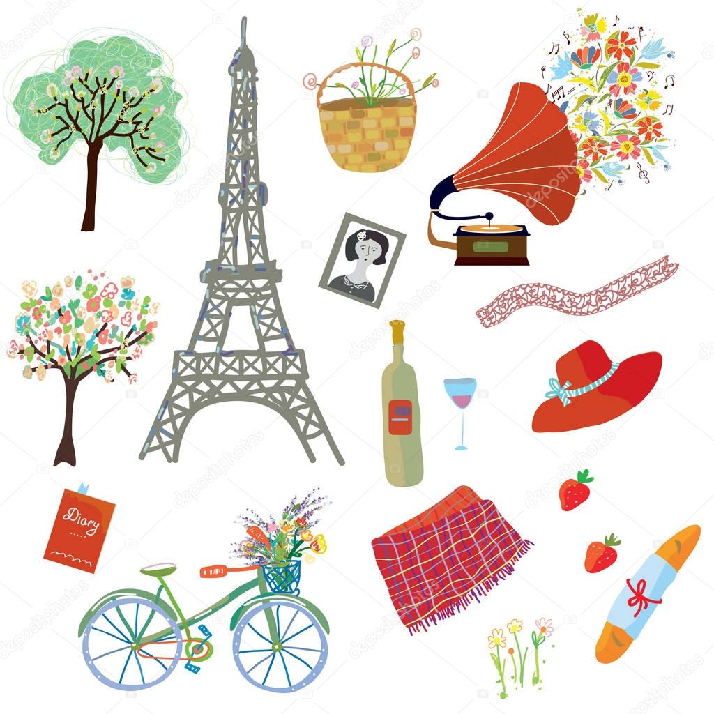 Paris summer picnic set of design elements 