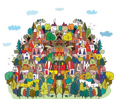 Kırsal manzara yatay, hill, orman, evler