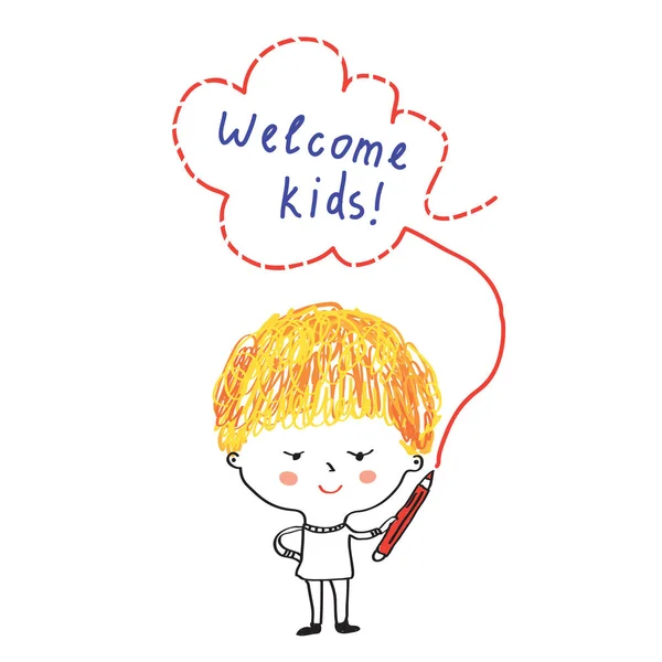 Enfant avec crayon et bannière de bienvenue — Image vectorielle