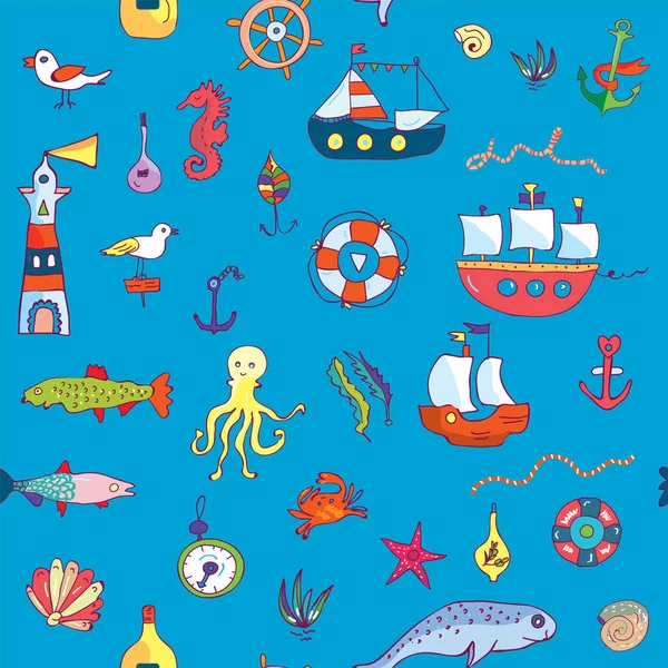 Marine life seamless pattern funny doodle — Stock Vector