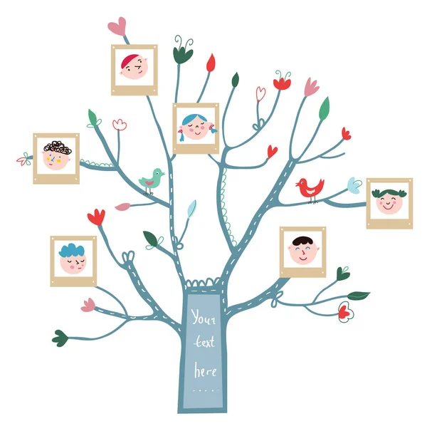 Tarjeta de árbol divertido con retratos familiares — Vector de stock