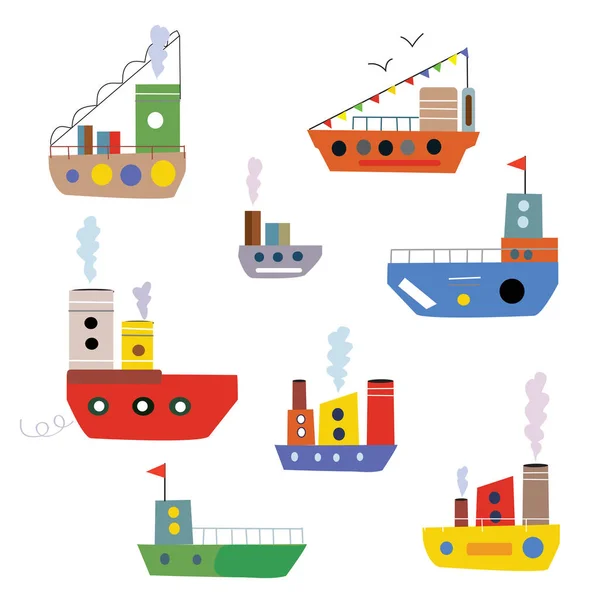 Desenhos animados navios e barcos conjunto — Vetor de Stock