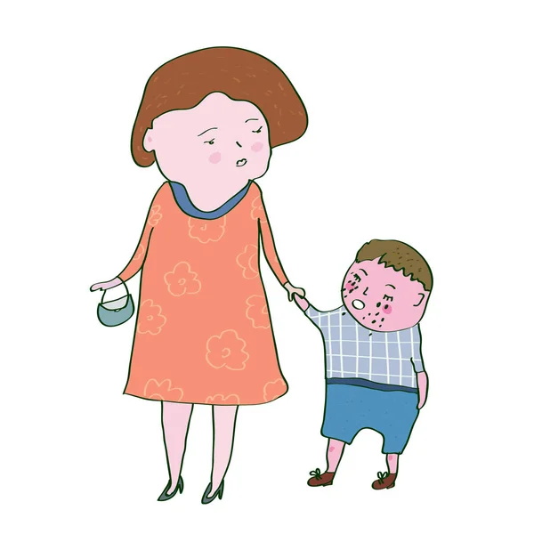 Llorando niño y mamá ilustración — Vector de stock