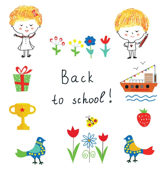 Back to school cute background with kids — Stock Vector