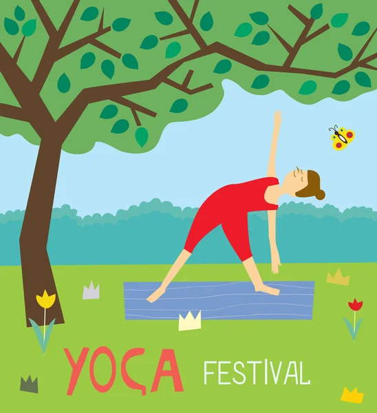 Fondo del festival de yoga con la chica y la naturaleza — Vector de stock