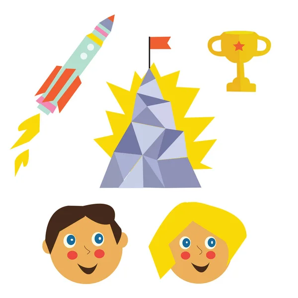Success icons set for kids with mountain — Stock Vector