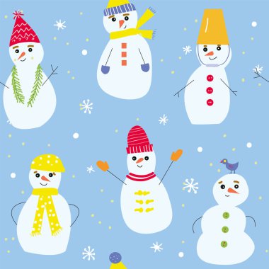 Kardan adam ve kar taneleri, komik tasarım ile Noel seamless modeli