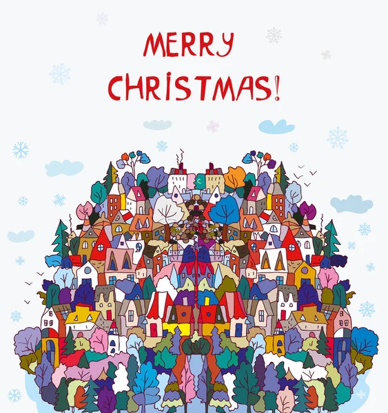 Cartão de Natal com aldeia, árvores e neve — Vetor de Stock