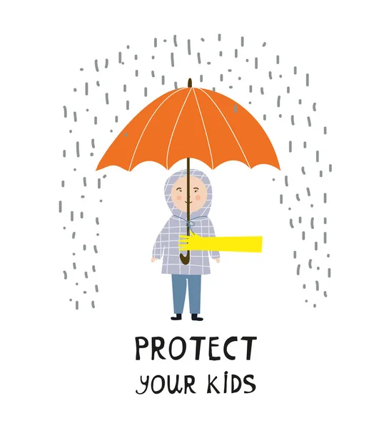 Schützen Sie Ihr Kinderposter Mit Kind Und Regen Konzeptillustration Vektorgrafik — Stockvektor