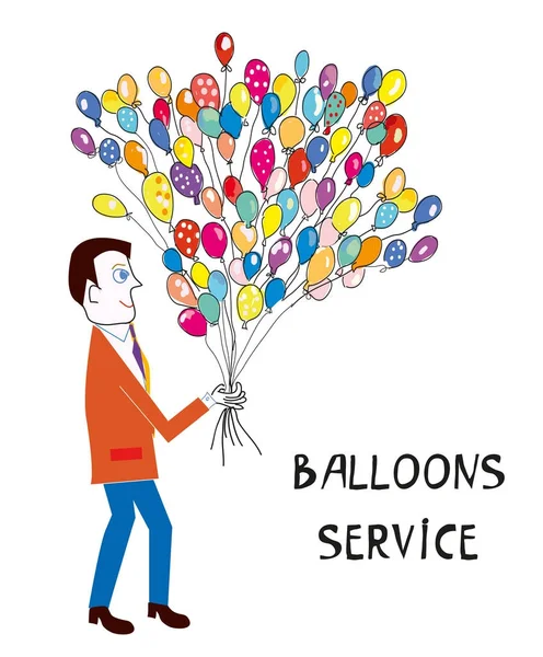 Homem Segurando Muitos Balões Ilustração Para Presente Serviço Gráficos Vetoriais —  Vetores de Stock