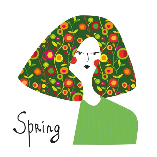 春天女孩与花卉头发时尚的旗帜 矢量图形插图 — 图库矢量图片