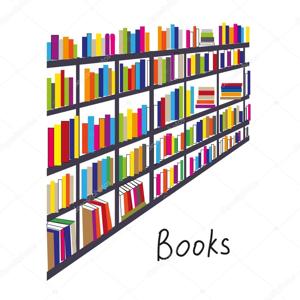Library with books rows backcround for the card or cover. Vector graphic illustration